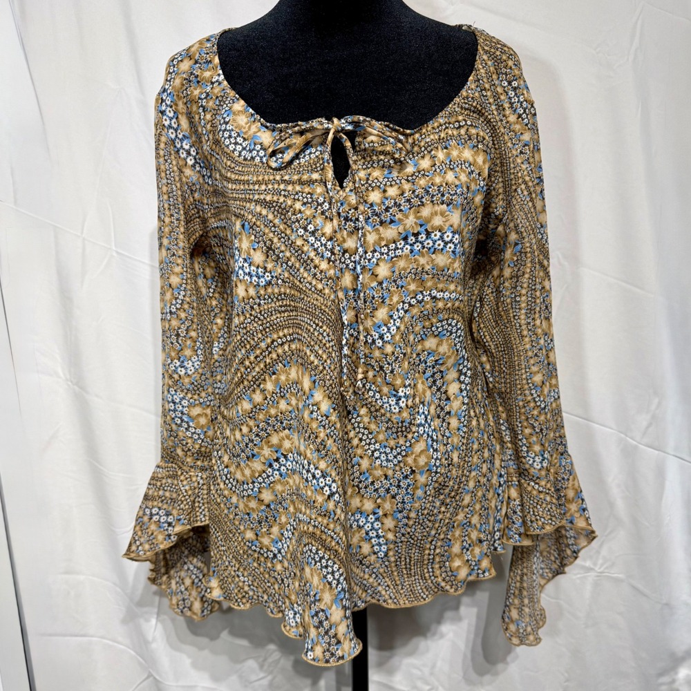 Vintage Y2K Fashion‎ Bug Boho Fairycore Bell Sleeve Tie-Front Blouse L Made USA